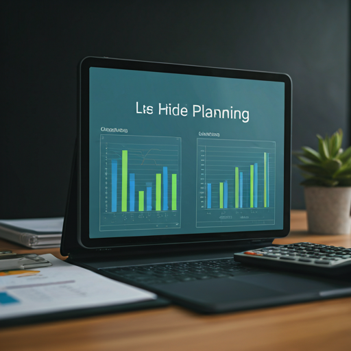 Modern clean workspace with financial planning documents, a calculator and a digital tablet showing transparent accounting data