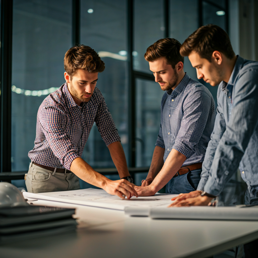 Young engineers collaborating over blueprint designs in a bright professional workspace