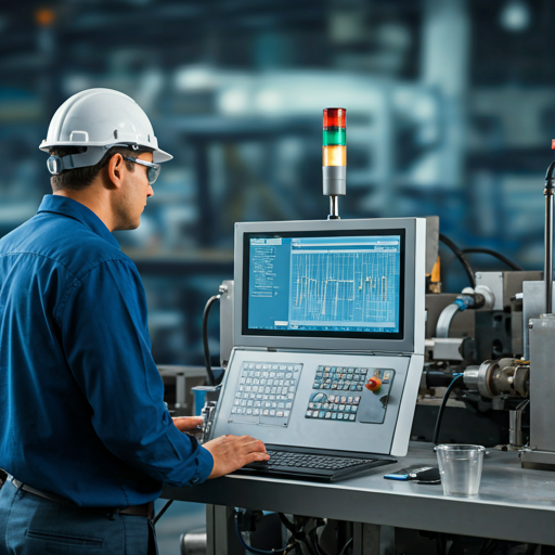 Technical worker monitoring high speed industrial machinery in a modern smart factory