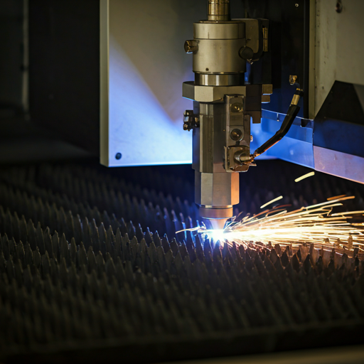 Precision laser cutting machine in operation with sparks and blue glowing light