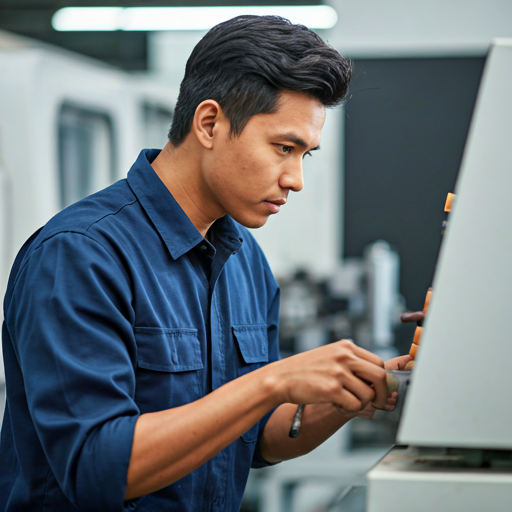 Close up of a skilled technician student operating industrial machinery with precision and focus